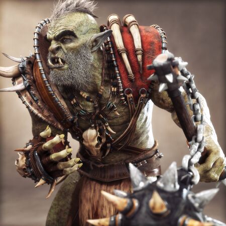 Seasoned bearded savage Orc Brute warrior wearing traditional armor. Fantasy themed character holding a flail spiked weapon with depth of field. 3d Renderingの写真素材