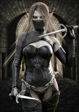Portrait of a masked fantasy elf assassin female wearing dark leather armor and armed with two sai's. Warrior has long brown hair and is walking toward her target . 3d rendering fantasy illustrationの写真素材