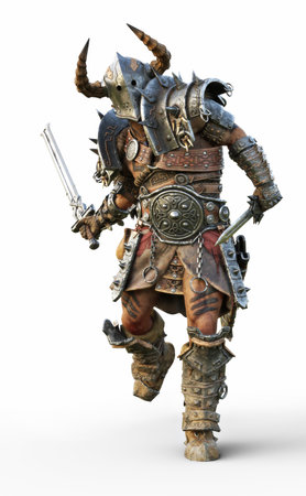 Savage warrior running into battle wearing traditional armor and equipped with a sword . Fantasy themed character on a white background. 3d Renderingの写真素材