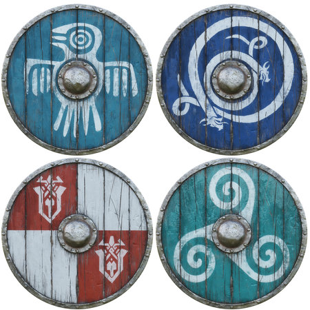 Collection two of various military round shields with metal and wood construction and decorative designs and patterns on an isolated white background. 3d renderingの写真素材