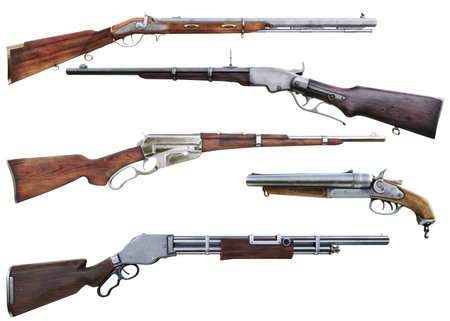 Western cowboy rifle and shotgun booster pack collection of assorted weapons on an isolated white...