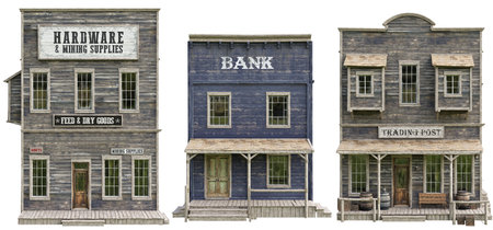 Western town booster pack. Collection of high resolution buildings on an isolated white background. Hardware, trading post and Bank. 3d renderingの写真素材