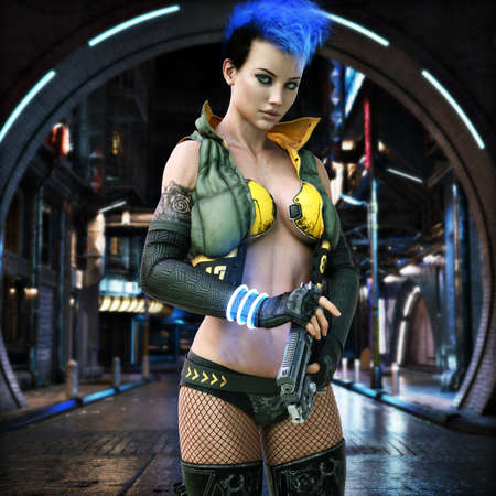 Futuristic ,stylish, young beautiful science fiction female with a Mohawk holding a sci-fi pistol and a urban neon city background. 3d renderingの写真素材