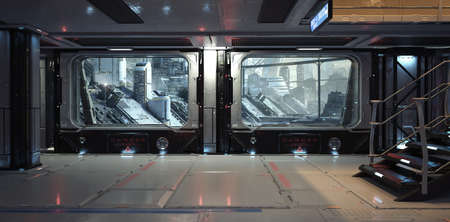 Interior concept of a futuristic spaceport corridor hub with outside view of city metropolitan architecture . 3d rendering backdrop backgroundの写真素材