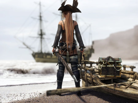 A lone Pirate female surveys the area preparing to return to her ship with a rowboat full of treasure. 3d renderingの写真素材