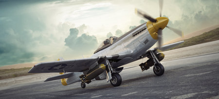 Elite vintage aircraft the legendary P51 mustang taxiing down the runway towards its World war 2 mission. 3d renderingの写真素材