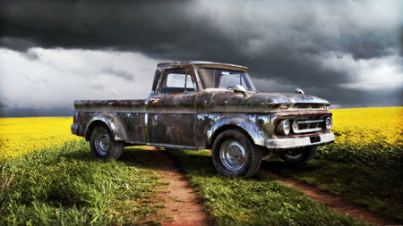 Vintage rusty truck in a colorful meadow countryside field of flowers. 3d renderingの写真素材