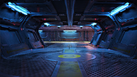 Urban city retro futuristic back drop sci fi corridor room interior with neon accents. 3d rendering.の写真素材