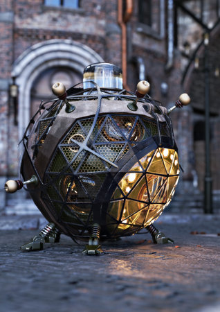 Futuristic steam punk time machine with architecture time period background. 3d renderingの写真素材