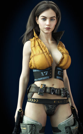 Portrait of a sexy futuristic battle born female soldier with long brown hair ,duel combat pistols and a gradient background. 3d renderingの写真素材