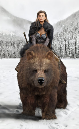 Portrait of a fantasy dark haired female warrior wearing armor and a fur coat riding through the snow plains on her mounted brown bear. 3d renderingの写真素材