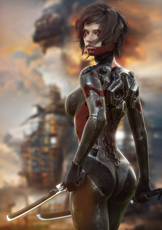A sci fi assassin searching for her next target. 3d renderingの写真素材