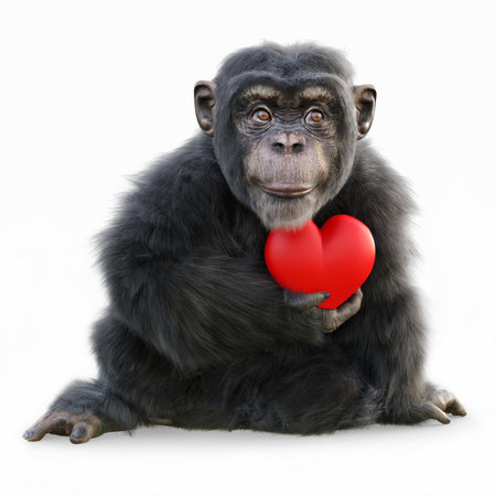 Chimpanzee with red heart isolated on a white background.の写真素材