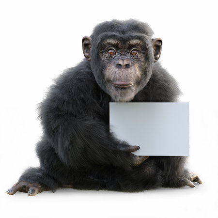 Chimpanzee with blank card isolated on a white background.の写真素材