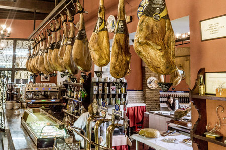 Ham hanging in a cafe in Cordobaのeditorial素材