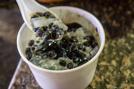 Nata de coco, red bean, and tapioca balls on some type of jellyの写真素材