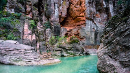 Hiking The Narrows at Zion National Parkの写真素材