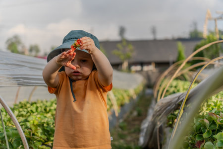 Little boy playing with strawberries in the garden. selective focus on strawberryの写真素材