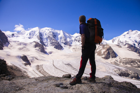 Lone trekker in Swiss mountainsの写真素材