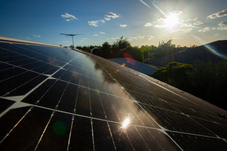 Rooftop solar panels looking into afternoon sun.の写真素材