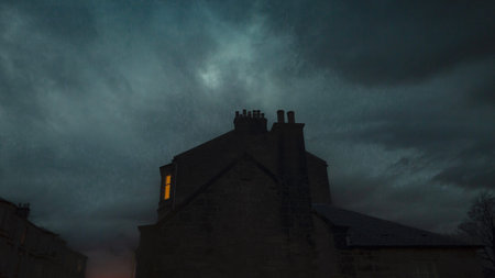 A view of a building in a stormy night in the UK