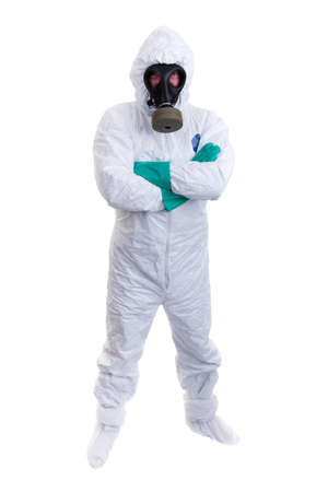 Man in biohazard suit on a white backgroundの写真素材