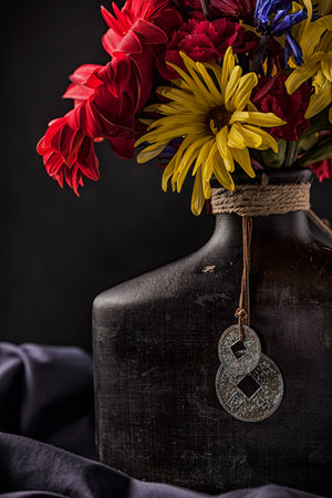 Flower a still life photo.  Love the textures in this old vase.の写真素材