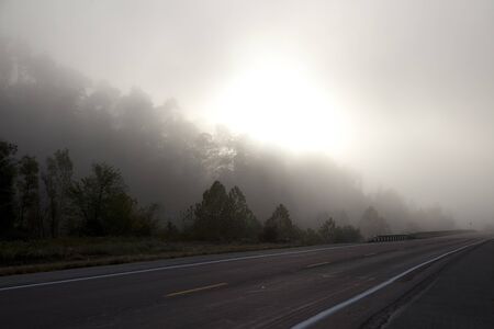A road stretching into the fog.のeditorial素材