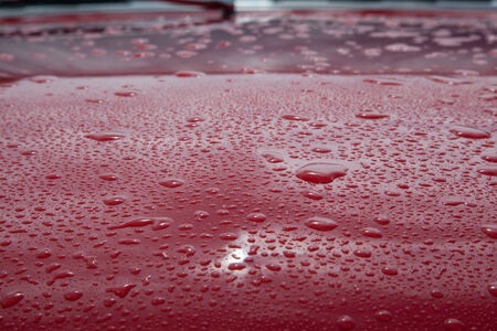 The hood of a red car with water drops.の写真素材