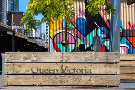 MELBOURNE, AUSTRALIA - 3 NOVEMBER 2014: Planter boxes and colorful artwork at Queen Victoria Markets in Melbourne, Australia.のeditorial素材