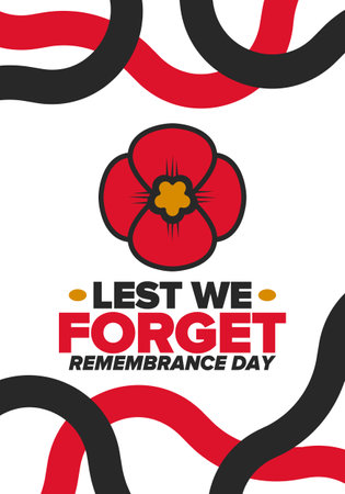 Remembrance Day. Lest we Forget. Remembrance poppy. Poppy day. Memorial day observed in Commonwealth member states to honour armed forces members. Red poppy. Vector illustrationのイラスト素材
