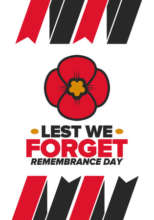Remembrance Day. Lest we Forget. Remembrance poppy. Poppy day. Memorial day observed in Commonwealth member states to honour armed forces members. Red poppy. Vector illustrationのイラスト素材