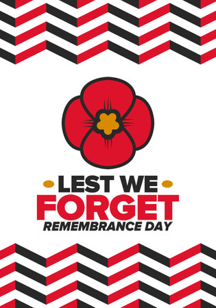 Remembrance Day. Lest we Forget. Remembrance poppy. Poppy day. Memorial day observed in Commonwealth member states to honour armed forces members. Red poppy. Vector illustrationのイラスト素材