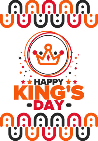 Kingâs Day in Netherlands. Koningsdag in Dutch. Nationâs cultural heritage and celebrate birthday of His Majesty King. Dutch royal family. Netherlands flag. Orange madness. Vectorのイラスト素材