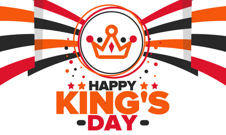Kingâs Day in Netherlands. Koningsdag in Dutch. Nationâs cultural heritage and celebrate birthday of His Majesty King. Dutch royal family. Netherlands flag. Orange madness. Vectorのイラスト素材