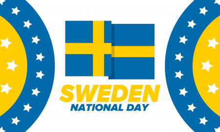 Sweden National Day. Celebrated annually on June 6 in Sweden. Happy national holiday of freedom. Swedish flag. Northern Scandinavian country. Patriotic poster design. Vectorのイラスト素材