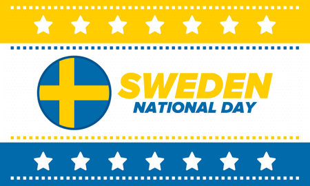 Sweden National Day. Celebrated annually on June 6 in Sweden. Happy national holiday of freedom. Swedish flag. Northern Scandinavian country. Patriotic poster design. Vectorのイラスト素材