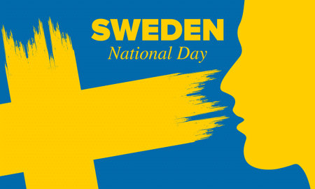 Sweden National Day. Celebrated annually on June 6 in Sweden. Happy national holiday of freedom. Swedish flag. Northern Scandinavian country. Patriotic poster design. Vectorのイラスト素材
