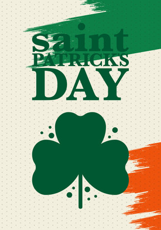Happy Saint Patricks Day. Traditional irish holiday. Celebrate annual in March 17. Clover and shamrock leaves. Green and orange party design. Ireland color. Vector illustrationのイラスト素材