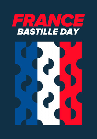 Bastille Day in France. National happy holiday, celebrated annual in July 14. French flag. France independence and freedom. Patriotic elements. Festive design. Vector posterのイラスト素材