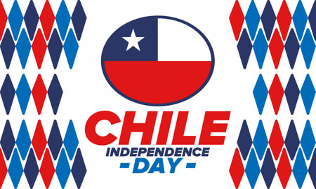 Chile Independence Day. Happy national holiday Fiestas Patrias. Freedom day. Celebrate annual in September 18. Chile flag. Patriotic chilean design. Vector art illustration. Posterのイラスト素材