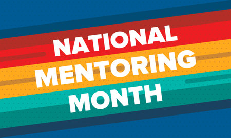 National Mentoring Month in January. Celebrate annual in United States. Personal mentor, coach or teacher. Free knowledge. Education concept. Helping a student in study, trainingのイラスト素材