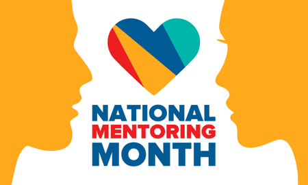 National Mentoring Month in January. Celebrate annual in United States. Personal mentor, coach or teacher. Free knowledge. Education concept. Helping a student in study, trainingのイラスト素材