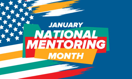 National Mentoring Month in January. Celebrate annual in United States. Personal mentor, coach or teacher. Free knowledge. Education concept. Helping a student in study, trainingのイラスト素材
