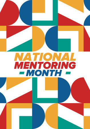 National Mentoring Month in January. Celebrate annual in United States. Personal mentor, coach or teacher. Free knowledge. Education concept. Helping a student in study, trainingのイラスト素材