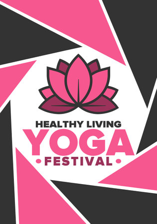Yoga Festival. Healthy Living. An event to explore yourself and find harmony. Meditations, fitness exercises and work on the balance of mind and body. Yoga workout. Lotus flowerのイラスト素材