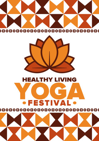 Yoga Festival. Healthy Living. An event to explore yourself and find harmony. Meditations, fitness exercises and work on the balance of mind and body. Yoga workout. Lotus flowerのイラスト素材