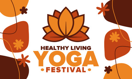 Yoga Festival. Healthy Living. An event to explore yourself and find harmony. Meditations, fitness exercises and work on the balance of mind and body. Yoga workout. Lotus flowerのイラスト素材