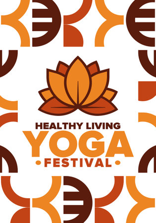 Yoga Festival. Healthy Living. An event to explore yourself and find harmony. Meditations, fitness exercises and work on the balance of mind and body. Yoga workout. Lotus flowerのイラスト素材