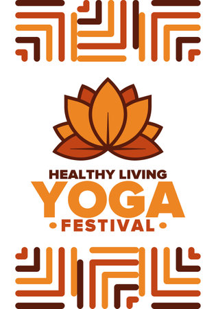 Yoga Festival. Healthy Living. An event to explore yourself and find harmony. Meditations, fitness exercises and work on the balance of mind and body. Yoga workout. Lotus flowerのイラスト素材